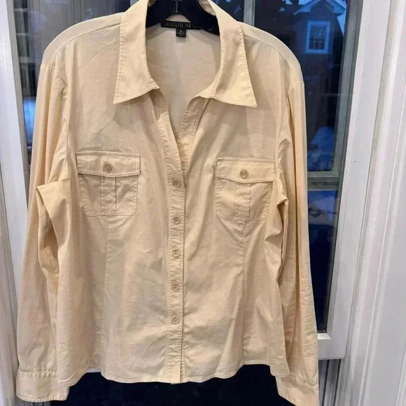 Lafayette 148 Button Down Shirt Womens Size 16 Ivory Cotton Top Collared Pockets - Picture 7 of 7
